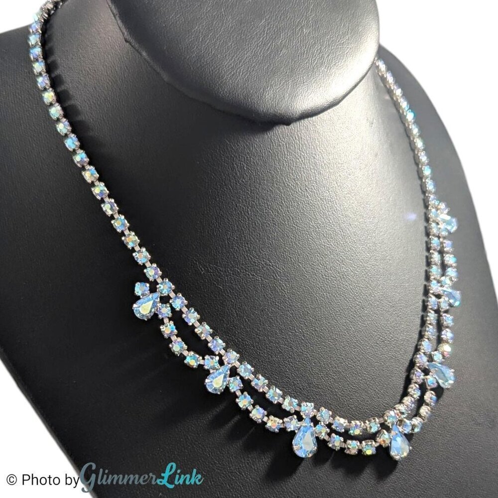 Vintage B David Scalloped Blue AB Rhinestone Mid Century Silver Tone Necklace